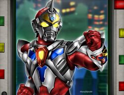  1boy acceptor armor black_skin blue_gem blurry blurry_background breastplate building clenched_hands colored_skin commentary compound_eyes computer denkou_choujin_gridman fighting_stance forehead_jewel gauntlets gem giant giant_male glowing glowing_eyes gridman_(character) hand_up hanejidyna86 highres looking_ahead male_focus mecha monitor multicolored_skin no_pupils red_skin robot shoulder_armor silver_armor solo tokusatsu toned toned_male twitter_username two-tone_skin upper_body yellow_eyes 