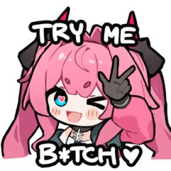  >_o 1girl :d arknights arknights:_endfield black_gloves black_horns blue_eyes blush censored_profanity commentary dragon_horns english_commentary english_text gloves greypidjun hand_up heart heart-shaped_pupils horns jacket long_sleeves lowres one_eye_closed pink_hair pink_jacket profanity puffy_long_sleeves puffy_sleeves simple_background smile solo sticker_(medium) symbol-shaped_pupils thick_eyebrows transparent_background twintails w yvonne_(arknights) 