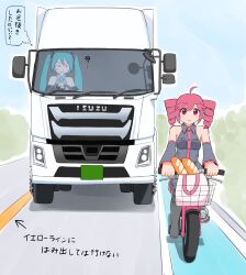  2girls ahoge annoyed aqua_hair aqua_necktie bag baguette bare_shoulders basket bicycle black_sleeves blue_sky blush boots box_truck bread breast_pocket breasts closed_mouth commentary detached_sleeves dress_shirt drill_hair driving foliage food full_body grey_boots grey_skirt grey_sleeves grimace groceries hair_between_eyes hair_ornament hatsune_miku highres isuzu_motors jitome kasane_teto kasane_teto_(utau) light_smile motor_vehicle multiple_girls naccha_(nawacchi) necktie outdoors outline parted_lips pink_bag pink_hair pink_trim pleated_skirt pocket red_eyes riding riding_bicycle shirt skirt sky sleeveless sleeveless_shirt small_breasts smile solid_circle_eyes speech_bubble sweatdrop thigh_boots thought_bubble threat tote_bag translated truck twin_drills utau v-shaped_eyebrows vocaloid white_outline 