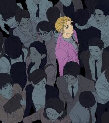  1boy blonde_hair blue_shirt crowd diamond_wa_kudakenai dress_shirt formal_clothes from_above from_side highres jacket jojo_no_kimyou_na_bouken kira_yoshikage looking_at_viewer looking_to_the_side male_focus necktie pink_jacket purple_suit shirt short_hair sideways_glance sos911p striped_clothes striped_shirt suit vertical-striped_clothes vertical-striped_shirt 
