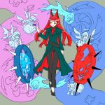  casual cat_ears eyepatch hair_down kaenbyou_rin long_hair multiple_tails red_eyes red_hair redhead sisenshyo skull smile tail touhou trench_coat wheel zombie_fairy 