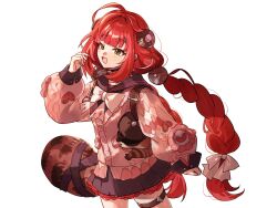  1girl black_sailor_collar blush braid braided_twintails cardigan chest_bow commentary_request green_eyes hair_ornament hand_up hearing_aid highres kamanosuke_(zenless_zone_zero) kanisakiclub long_hair looking_at_viewer open_mouth pink_cardigan raccoon red_hair sailor_collar simple_background solo sphere_hair_ornament tanuki ukinami_yuzuha white_background zenless_zone_zero 