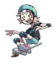  1girl alternate_costume bra_strap casual discount-supervillain elbow_pads forehead_jewel gem gem_(steven_universe) helmet knee_pads open_mouth pale_skin pearl_(gemstone) pearl_(steven_universe) pointy_nose shirt shoes short_hair shorts skinny smile sneakers solo steven_universe sword t-shirt teeth toon_(style) weapon 