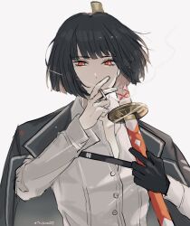  1girl between_fingers black_coat black_gloves black_hair buttons carrying_over_shoulder cigarette coat coat_on_shoulders commentary_request gloves hand_up highres holding holding_cigarette holding_sheath lapels light_particles limbus_company long_sleeves looking_at_viewer notched_lapels ootachi over_shoulder project_moon red_eyes renketsuen_(e.g.o) ryoshu_(project_moon) sheath shirt short_hair simple_background single_glove smoking solo tsugino223 twitter_username upper_body weapon weapon_over_shoulder white_background white_shirt 