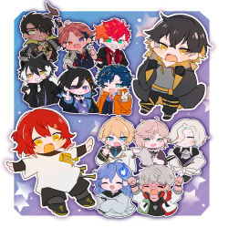  6+boys :d animal_ears aragami_oga aragami_oga_(1st_costume) arms_up arurandeisu arurandeisu_(1st_costume) astel_leda astel_leda_(1st_costume) black_boots black_gloves black_hair black_jacket black_pants black_shorts blonde_hair blonde_streaks blue_background blue_eyes blue_hair blush_stickers boots chibi chibi_only clenched_hand clenched_hands collar dark-skinned_male dark_skin demon_horns earrings eyepatch fang fangs full_body gloves gradient_background green_eyes grey_hair grey_hoodie hair_ornament hanasaki_miyabi hanasaki_miyabi_(1st_costume) headphones headphones_around_neck heterochromia highres hitodama hizaki_gamma hizaki_gamma_(1st_costume) holostars hood hoodie horns jackal_boy jackal_ears jacket jewelry kageyama_shien kageyama_shien_(1st_costume) kanade_izuru kanade_izuru_(1st_costume) kishido_temma kishido_temma_(1st_costume) layered_sleeves lightning_bolt_hair_ornament lightning_bolt_symbol long_hair long_sleeves male_focus medium_hair minase_rio minase_rio_(1st_costume) multicolored_hair multiple_boys necklace open_mouth orange_eyes orange_hair orange_jacket outer_glow outline outside_border pants pantyhose pink_hair purple_background red_hair rikka_(1st_costume)_(holostars) rikka_(holostars) shirt short_hair short_over_long_sleeves short_sleeves shorts single_horn skin_fang skin_fangs smile spiked_collar spikes star_(symbol) star_symbol_background streaked_hair thumbs_up upper_body utsugi_uyu utsugi_uyu_(1st_costume) v violet_eyes virtual_youtuber white_eyes white_hair white_outline white_shirt white_streaks yamada_(nou_74) yatogami_fuma yatogami_fuma_(1st_costume) yellow_eyes yukoku_roberu yukoku_roberu_(1st_costume) 