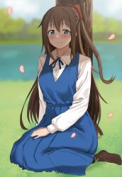  1girl absurdres against_tree blue_dress blurry blurry_background brown_socks center_frills closed_mouth collared_shirt commentary_request dress falling_petals frilled_shirt frills full_body highres kiru_(bsesso) long_dress looking_at_viewer love_live! love_live!_nijigasaki_high_school_idol_club no_shoes on_ground osaka_shizuku outdoors petals pinafore_dress pink_petals shirt sitting sleeveless sleeveless_dress smile socks solo tree white_shirt yokozuwari 