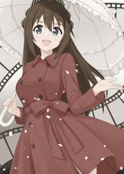  1girl absurdres alternate_costume breasts brown_dress brown_hair commentary_request dress feet_out_of_frame green_eyes highres holding holding_umbrella kurono_(pixiv1905129) large_breasts long_hair looking_at_viewer love_live! love_live!_nijigasaki_high_school_idol_club open_mouth osaka_shizuku solo standing umbrella 