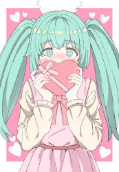  1girl absurdres blue_hair box box_of_chocolates commission hatsune_miku highres kachobi_(user_atuh5854) pixiv_commission solo twintails vocaloid 