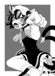  animal_ears blush cat_ears cat_tail chen dress fangs greyscale hat highres jewelry monochrome multiple_tails open_mouth paw_pose shoes short_hair single_earring socks solo tail touhou uousa 