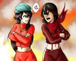  2girls anger_vein bambietta_basterbine black_hair bleach bleach:_sennen_kessen-hen blue_hat breasts chris-jin clenched_teeth commentary commission cropped_jacket crossed_arms crossover english_commentary gloves grey_eyes hair_between_eyes hat jacket jewelry kill_la_kill long_hair long_sleeves looking_at_another matoi_ryuuko medium_breasts medium_hair midriff multicolored_hair multiple_girls nail_polish navel necklace official_alternate_costume open_mouth orange_background pants print_jacket red_gloves red_jacket red_pants red_scarf red_streaks red_track_suit scarf second-party_source senketsu senketsu_(scarf) single_glove spoken_anger_vein standing streaked_hair suspender_pants teeth tinted_eyewear track_suit violet_eyes yellow-tinted_eyewear 