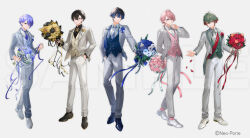  5boys ahoge anemone_(flower) aogiri_eito arm_behind_back aruse_inu black_flower black_hair black_ribbon black_rose black_shirt black_shoes blue_eyes blue_flower blue_hair blue_necktie blue_ribbon blue_rose blue_shoes blue_vest bouquet boutonniere bow bowtie brooch buttoned_cuffs buttons calla_lily closed_mouth collared_shirt commentary_request copyright_notice cross-laced_shoes cross_tie crossed_bangs dahlia daisy_(flower) double-breasted dress_shoes ear_piercing earrings flower full_body gradient_hair green_hair green_ribbon green_vest grey_background grey_bow grey_bowtie grey_eyes grey_jacket grey_pants grey_ribbon grey_suit groom hair_between_eyes hand_in_pocket hand_on_own_chin hand_up highres holding holding_bouquet holding_ribbon jacket jewelry lapels lineup long_sleeves looking_at_viewer male_focus minase_(neo-porte) mole mole_under_eye mullet multicolored_hair multiple_boys neck_ribbon necktie neo-porte notched_lapels offering_hand official_art open_clothes open_jacket orange_flower orange_rose outstretched_arm oxfords pankou pants parted_lips petals piercing pink_flower pink_hair pink_ribbon pink_rose pink_socks pink_vest pinstripe_pattern pinstripe_vest purple_ribbon red_eyes red_flower red_hair red_petals red_ribbon red_rose red_sash ribbon rose sample_watermark sash shirayuki_reid shirt shoes short_hair shoulder_sash simple_background smile snowflake_brooch socks standing streaked_hair stud_earrings suit suit_jacket suit_pants two-tone_hair ueauwa vest violet_eyes virtual_youtuber watermark white_background white_flower white_jacket white_pants white_rose white_shirt white_shoes white_streaks white_suit wingtip_collar yagami_tsukumo yellow_eyes yellow_flower yellow_ribbon yellow_rose yellow_vest 