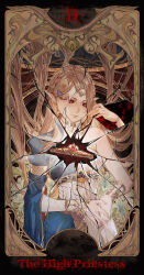  2girls absurdres broken brown_hair buhuihuahuadetouwu card_(medium) chinese_commentary commentary_request dark_persona dual_persona flower forehead_jewel gold_tiara hair_ornament hairpin highres incredibly_absurdres long_hair looking_at_viewer multiple_girls own_hands_together parted_lips pointy_ears princess_zelda red_eyes revealing_layer secret_stone single_bare_shoulder tarot tarot_(medium) the_high_priestess_(tarot) the_legend_of_zelda the_legend_of_zelda:_breath_of_the_wild the_legend_of_zelda:_tears_of_the_kingdom triforce 