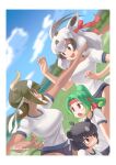  4girls :d alternate_costume animal_ears antenna_hair arabian_oryx_(kemono_friends) aurochs_(kemono_friends) bangs bare_arms bear_ears black_eyes blurry blurry_background border brown_eyes brown_hair buruma carrying clenched_teeth commentary_request cow_ears cow_girl cow_horns cow_tail curled_horns curly_hair dark-skinned_female dark_skin dutch_angle extra_ears furrowed_brow gazelle_ears green_hair grin hachimaki headband high_ponytail highres horns japanese_black_bear_(kemono_friends) kemono_friends long_hair looking_at_another looking_up medium_hair multicolored_hair multiple_girls okome_kogashi open_mouth outstretched_arm panther_chameleon_(kemono_friends) red_eyes shaded_face shirt short_sleeves signature smile sportswear sweat tail taut_clothes taut_shirt teeth two-tone_hair v-shaped_eyebrows white_border white_hair 