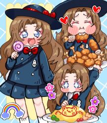  +_+ 1girl aged_down black_skirt blue_eyes bow brown_hair candy chicken_(food) child closed_eyes closed_mouth commentary_request flower flower_sticker food heart highres holding holding_candy holding_food holding_lollipop holding_spoon kindergarten_uniform limbus_company limbus_kindergarten_uniform lollipop long_hair official_alternate_costume omelet omurice open_mouth pleated_skirt project_moon rainbow_sticker red_bow rodion_(project_moon) sai48053309 skirt socks solo sparkling_eyes spoon swirl_lollipop white_socks 