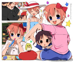  1girl 2boys adeleine bendedede bird crossover doki_doki_literature_club dragon_ball dragon_ball_z family family_bonding father_and_child father_and_daughter highres jewelry kirby_(series) mother_and_child mother_and_daughter multiple_boys parent_and_child pitch_(kirby) protagonist_(doki_doki_literature_club) ring sayori_(doki_doki_literature_club) scene_reference slice_of_life 