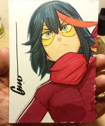  1girl black_hair black_jacket blue_eyes closed_mouth commentary english_commentary frown hair_between_eyes highres jacket kill_la_kill lips long_sleeves looking_to_the_side marker_(medium) matoi_ryuuko medium_hair multicolored_hair neckerchief nose omar_dogan photo_(medium) red_neckerchief red_streaks senketsu senketsu_(scarf) signature simple_background solo streaked_hair sunglasses tinted_eyewear tomboy traditional_media two-tone_hair upper_body white_background yellow-tinted_eyewear 