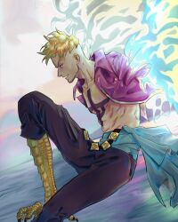  1boy abs alternate_form beard_stubble blonde_hair blue_sash chest_tattoo facial_hair harpy_boy highres male_focus marco_(one_piece) monster_boy one_piece profile purple_shirt sash shiraumi8351 shirt short_hair solo stubble tattoo 