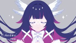  1girl absurdres black_hair bow bowtie closed_eyes closed_mouth columbina_(genshin_impact) english_text eye_mask fuminshou_(nekopan_art) genshin_impact grey_background hair_ornament hair_ribbon head_wings highres long_hair mask multicolored_hair multiple_wings portrait purple_hair purple_streaks ribbon simple_background smile solo streaked_hair two-tone_hair very_long_hair white_bow white_wings wing_hair_ornament wings x-shaped_eyewear 