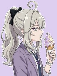  1girl antenna_hair commentary_request food from_side grey_hair hair_intakes holding holding_food holding_ice_cream holding_ice_cream_cone ice_cream ice_cream_cone jacket long_hair looking_at_viewer meitantei_precure! moria_luluka necktie ponytail precure ribbon ryuhirohumi shirt simple_background solo upper_body violet_eyes watch 