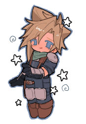  1boy armor black_gloves blonde_hair blue_eyes blue_jacket blue_pants blym7oym7759061 boots brown_boots chibi chibi_only cloud_strife crisis_core:_final_fantasy_vii final_fantasy final_fantasy_vii gloves green_scarf highres jacket knee_pads looking_at_viewer male_focus pants parted_lips scarf shinra_infantry_uniform short_hair shoulder_armor simple_background single_tear solo spiky_hair star_(symbol) suspenders white_background 