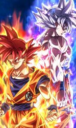  1boy absurdres aura blue_sash dragon_ball dragon_ball_super grey_eyes grey_hair highres male_focus multiple_views muma_maximum76 muscular muscular_male orange_pants orange_shirt pants red_eyes red_hair sash shirt son_goku spiky_hair super_saiyan super_saiyan_god topless_male ultra_instinct 
