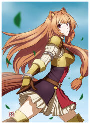  1girl absurdres animal_ear_fluff animal_ears armor artist_logo artist_name belt black_dress boots breastplate breasts brown_armor brown_belt brown_boots brown_gloves brown_hair closed_mouth cowboy_shot dress elbow_gloves falling_leaves from_side gloves hair_tubes highres layered_dress leaf leather leather_armor leather_gloves logo long_hair long_sleeves looking_at_viewer looking_to_the_side medium_breasts metal_arm_cuffs metal_hair_tubes metal_wrist_cuffs pauldrons pink_eyes raccoon_ears raccoon_girl raccoon_tail raphtalia red_dress short_dress shoulder_armor sleeveless sleeveless_dress smile solo straight_hair tail tate_no_yuusha_no_nariagari the_wonyo thigh_boots two-tone_dress watermark white_dress zettai_ryouiki 