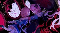  1l6wpwihya38112 2girls black_background broken_mirror closed_eyes commentary dress earrings evernight_(honkai:_star_rail) evey_(honkai:_star_rail) flower gloves hair_between_eyes hair_flower hair_ornament holding holding_umbrella honkai:_star_rail honkai_(series) jewelry light_smile long_hair long_sleeves looking_at_another march_7th_(honkai:_star_rail) march_7th_(preservation)_(honkai:_star_rail) medium_hair memosprite mirror multiple_girls off_shoulder overskirt pink_hair red_eyes sailor_collar shirt shoes single_earring skirt twitter_username umbrella untranslatable_commentary very_long_hair 