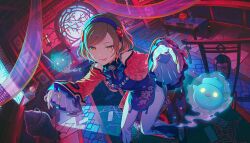  1girl :p bare_shoulders bead_necklace beads black_shoes black_trim blue_trim breasts brown_hair chinese_clothes colorful_palette dot_nose fingernails floral_print floral_print_gloves flower flower_hairband frilled_pants frilled_sleeves frills game_cg gloves gold_trim hairband half-closed_eye highres jewelry lantern long_sleeves looking_at_viewer medium_breasts meiko_(vocaloid) nail_polish necklace official_alternate_costume official_alternate_hairstyle official_art ofuda orange_eyes outstretched_arms pants project_sekai purple_hairband purple_shirt red_flower red_nails red_vest see-through_clothes see-through_gloves shirt shoes short_hair sidelighting sidelocks sleeveless sleeveless_shirt solo spirit standing swept_bangs table tassel third-party_source tongue tongue_out vase vest vocaloid white_pants wide_sleeves wonderlands_x_showtime_meiko zansho_no_inside_direction_(project_sekai) zombie_pose 