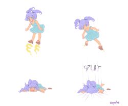 1girl addy_(@vegeebs) aged_down artist_name blue_dress blue_eyes blue_hair boku_no_hero_academia brown_sandals commentary crying crying_with_eyes_open dress energy english_commentary hado_nejire highres long_hair open_mouth sandals sequential sleeveless sleeveless_dress smile solo sound_effects tears twintails white_background 