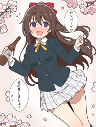  1girl @_@ beer_bottle black_jacket blue_eyes blush bottle breasts cherry_blossoms collared_shirt commentary_request drooling drunk feet_out_of_frame flower heart holding holding_bottle jacket looking_at_viewer love_live! love_live!_nijigasaki_high_school_idol_club maeda_kaori medium_breasts miniskirt mouth_drool mukiryoku_bato neck_ribbon nijigasaki_school_uniform nose_blush open_mouth osaka_shizuku pink_flower pleated_skirt ribbon school_uniform shirt skirt solo speech_bubble spoken_heart voice_actor_connection white_shirt white_skirt winter_uniform yellow_ribbon 
