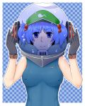  blue_hair breasts breasts_apart bust checkered checkered_background gloves hair_bobbles hair_ornament helmet honeycomb kawashiro_nitori kingreia name_tag swimsuit touhou twintails 