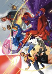  aura beast_(x-men) black_gloves black_hair black_shirt blonde_hair blue_fur blue_hair blunt_bangs bodysuit brown_hair cape checkered_clothes checkered_shirt cleavage_cutout clothing_cutout comic_cover commentary cover cover_page covered_abs covered_pectorals crop_top cryokinesis cyclops_(x-men) dark-skinned_female dark_skin english_commentary explosion eye_beam fighting fingerless_gloves fire gloves grey_sky head-mounted_display helmet highres holding holding_sword holding_weapon juggernaut_(x-men) kid_omega_(marvel) kinky_hair long_hair looking_down looking_to_the_side magik_(x-men) magneto marvel mask midriff multicolored_hair muscular muscular_male navel official_art open_mouth orange_streaks pectorals pink_hair profile purple_cape purple_gloves pyrokinesis red_bodysuit red_helmet sharp_teeth shirt short_hair sky streaked_hair sword taurin_clarke teeth temper_(x-men) textless_cover_page textless_version weapon western_comics_(style) x-men 