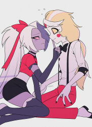  2girls absurdres arm_support bare_arms belt black_bow black_bowtie black_choker black_nails black_shoes black_skirt blonde_hair bow bowtie breasts buttons charlie_morningstar choker circle_facial_mark closed_mouth collared_shirt colored_inner_hair colored_sclera colored_skin colored_tips commentary_request contrast_suspenders curtained_hair elbow_gloves facial_mark feet_out_of_frame fewer_digits film_grain fingerless_gloves flat_chest flat_color flying_sweatdrops from_side full_body gloves grey_background grey_gloves grey_hair grey_skin grey_thighhighs hair_bow hand_up hazbin_hotel hellaverse high_heels high_ponytail highres index_finger_raised long_hair low-tied_long_hair menma_(enaic31) miniskirt multicolored_hair multiple_girls nail_polish pants pencil_skirt pink_sclera ponytail profile red_bow red_eyes red_hair red_pants red_shirt shirt shoes short_sleeves signature simple_background sitting skirt small_breasts streaked_hair suspenders swept_bangs tareme tearing_up thigh-highs three-quarter_sleeves traditional_bowtie tsurime two-tone_hair vaggie very_long_hair wariza wavy_mouth white_belt white_hair white_shirt white_shoes white_skin yellow_eyes yellow_sclera zettai_ryouiki 