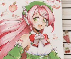  1girl 2026 arm_tattoo bare_shoulders bear beret breasts clouds collared_dress dated detached_sleeves dress english_commentary food fruit green_dress green_eyes green_hat hair_intakes hat highres long_hair looking_to_the_side marker_(medium) medium_breasts momone_momo nerveslasher open_mouth peach photo_(medium) pink_hair rainbow ribbon robot_ears saturn_(planet) solo sticker tattoo traditional_media unicorn utau white_ribbon 