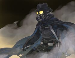  1boy belt black_cape black_coat black_gloves black_hat black_pants canister cape coat commentary_request cowboy_shot demon_(megami_tensei) devil_summoner:_soul_hackers devil_summoner_(series) gas gas_mask gas_mask_canister gloves glowing glowing_eyes goggles hat holding holster hose hose_nozzle mad_gasser_(megami_tensei) male_focus mask outline pants partial_commentary ritsu_(0015-xxxlxxxr) smoke solo strap thigh_holster torn_cape torn_clothes white_outline zipper 