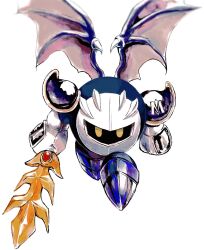  1boy armor blue_shoes commentary english_commentary gem highres holding holding_sword holding_weapon kcr2 kirby_(series) male_focus meta_knight pauldrons red_gem shoes shoulder_armor simple_background solo sword weapon white_background white_mask wings yellow_eyes 