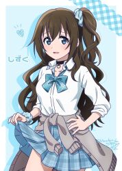  1girl black_choker blue_eyes blue_nails blue_skirt bow brown_cardigan brown_hair cardigan cardigan_around_waist character_name choker clothes_around_waist collared_shirt commentary_request fingernails gyaru gyarugasaki hair_bow hand_on_own_hip heart highres long_hair long_sleeves looking_at_viewer love_live! love_live!_nijigasaki_high_school_idol_club nail_polish official_alternate_costume official_alternate_hairstyle open_mouth osaka_shizuku plaid_clothes plaid_skirt pleated_skirt ric._(marchen_mozuku) shirt signature skirt solo upper_body wavy_hair white_shirt 
