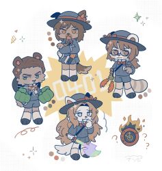  1other 2boys 2girls absurdres april_fools atsupitiger bear_boy black_hat black_jacket black_skirt bow bowtie brown_eyes brown_hair clock commentary crossed_arms dante_(limbus_company) dated dog_girl fire furrification furry gregor_(project_moon) hat hat_bow highres jacket limbus_company limbus_kindergarten_uniform meursault_(project_moon) multiple_boys multiple_girls object_head open_mouth outis_(project_moon) pleated_skirt project_moon raccoon_boy red_bow red_bowtie rodion_(project_moon) simple_background skirt sparkle toy_gun white_background wolf_girl 