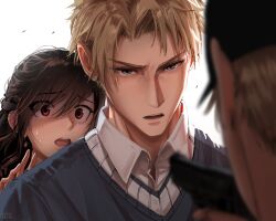  1boy 1girl 1other black_hair blonde_hair blue_eyes blue_sweater blurry blurry_foreground commentary debris english_commentary gun hair_between_eyes highres husband_and_wife long_hair looking_at_another open_mouth protecting red_eyes safaia serious shirt short_hair spy_x_family sweatdrop sweater twilight_(spy_x_family) upper_body weapon white_background white_shirt wing_collar yor_briar 