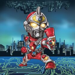  1boy absurdres acceptor armor black_skin blue_gem breastplate building circuit_board clenched_hands colored_skin commentary compound_eyes deformed denkou_choujin_gridman fighting_stance forehead_jewel full_body gauntlets gem giant giant_male glowing glowing_eyes gridman_(character) hand_up highres legs_apart looking_ahead male_focus mecha multicolored_skin no_pupils omotyazukiyasan red_skin robot shin_guards shoulder_armor silver_armor solo standing tokusatsu two-tone_skin yellow_eyes 