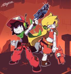  1boy 1girl absurdres android black_hair black_shirt blonde_hair boots brown_boots cave_story column commentary curly_brace english_commentary green_scarf grey_eyes gun handgun hat highres holding holding_gun holding_weapon long_hair one_eye_closed pants pillar quote_(cave_story) red_hat red_pants red_shirt red_shorts scarf shirt short_hair shorts shynova sleeveless sleeveless_shirt standing standing_on_one_leg weapon 
