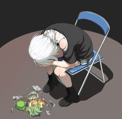  1girl absurdres anglediana bang_dream! bang_dream!_it's_mygo!!!!! black_boots black_shirt boots chair chinese_commentary commentary_request highres kaname_raana matcha_parfait medium_hair shirt sitting solo spill white_hair 