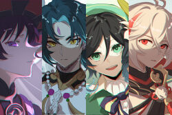  4boys black_hair black_scarf blue_hair braid cape choppy_bangs chromatic_aberration closed_mouth column_lineup commentary_request crossed_bangs double-parted_bangs expressionless eyeliner facial_mark forehead_mark genshin_impact gradient_hair green_cape green_eyes green_hat hair_between_eyes hat highres jewelry kaedehara_kazuha looking_at_viewer makeup male_focus medium_hair multicolored_hair multiple_boys necklace open_mouth parted_bangs parted_lips pearl_necklace philosophia purple_hair purple_shirt red_eyeliner red_eyes red_hat red_streaks scaramouche_(genshin_impact) scarf serious shirt short_hair sleeveless sleeveless_shirt smile streaked_hair twin_braids venti_(genshin_impact) violet_eyes white_hair white_shirt xiao_(genshin_impact) yellow_eyes 