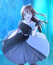  1girl bare_shoulders belt black_dress black_gloves black_pantyhose blue_background blue_bow bow brown_hair collar collarbone commentary_request dancing dress earrings gloves grey_dress hair_bow happy_birthday highres jewelry kujo_awenn looking_at_viewer love_live! love_live!_nijigasaki_high_school_idol_club multicolored_dress official_alternate_costume open_mouth osaka_shizuku pantyhose print_pantyhose rain silver_belt silver_collar solitude_rain_(love_live!) solo teeth upper_teeth_only white_dress 