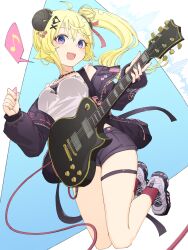  1girl :d ahoge animal_ears black_jacket black_shorts blonde_hair breasts choker commentary_request electric_guitar floating_hair full_body grey_shoes guitar hair_ornament highres holding holding_guitar holding_instrument holding_plectrum hololive horns instrument jacket lace lace_choker large_breasts long_hair looking_at_viewer musical_note off_shoulder official_alternate_costume open_mouth plectrum ponytail red_socks ryuga_(balius) sheep_ears sheep_girl sheep_horns shoes short_shorts shorts smile sneakers socks solo spoken_musical_note tank_top teeth thigh_strap tsunomaki_watame tsunomaki_watame_(amazing_swing) upper_teeth_only violet_eyes virtual_youtuber white_tank_top x_hair_ornament 