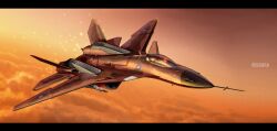  above_clouds aircraft airplane anti-aircraft_missile asterozoa canards canopy_(aircraft) clouds commentary copyright_name crimson_1_(project_wingman) decal english_commentary fictional_aircraft fighter_jet flying gradient_sky helmet highres insignia light_particles military_vehicle orange_sky pilot pilot_helmet project_wingman pw-mk1 sky sunset thrusters vehicle_focus weapon 