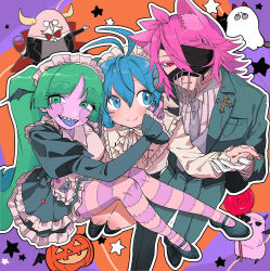  1girl 2boys ahoge antenna_hair asmodeus_alice black_dress blue_eyes blue_hair blue_tongue colored_eyelashes colored_tongue commentary_request dress eyepatch frilled_dress frills gloves green_eyes green_hair halloween_costume hand_on_another's_cheek hand_on_another's_face highres long_hair looking_at_viewer maid mairimashita!_iruma-kun mairimashita!_iruma-kun_if_episode_of_mafia mary_janes multiple_boys muzzle_(mask) naberius_kalego official_alternate_costume patchwork_skin pink_hair pio_hmw red_eyes sharp_teeth shoes short_hair smile striped_clothes striped_thighhighs suit sullivan_(iruma-kun) suzuki_iruma teeth thigh-highs tongue tongue_out twintails valac_clara werewolf_costume zombie 