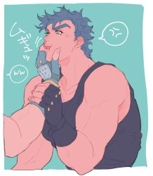  2boys anger_vein bare_shoulders battle_tendency black_hair black_tank_top blue_eyes blue_gloves border caesar_anthonio_zeppeli cheek_pinching chuu_ni collarbone commentary_request fingerless_gloves gloves hand_on_another's_face hand_on_another's_wrist jojo_no_kimyou_na_bouken joseph_joestar joseph_joestar_(young) male_focus multiple_boys out_of_frame pinching solo_focus speech_bubble spoken_anger_vein tank_top translation_request white_border 