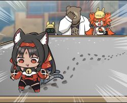  1boy 2girls absurdres animal_ear_fluff animal_ear_hairband animal_ears bangboo_(zenless_zone_zero) barcode barcode_tattoo bear_boy bear_ear_hairband bear_ears ben_bigger black_hair black_tank_top blurry blurry_background brown_fur cable cable_tail cat_ears cat_girl cat_tail chain chain_necklace coat commentary_request construction_site corset detached_sleeves emphasis_lines eyepatch facepalm facial_mark fake_animal_ears flame_print footprints forehead_mark forehead_tattoo furry furry_male hair_ornament hairband hard_hat helmet highres jewelry koleda_belobog korean_commentary long_hair mechanical_tail multiple_girls multiple_tails necklace nekomiya_mana ooyun open_mouth outdoors red_corset red_eyes red_hair red_hairband red_sleeves safety_(zenless_zone_zero) scar scar_on_face sphere_hair_ornament tail tank_top tattoo triangle triangle_facial_mark two_tails white_coat zenless_zone_zero 