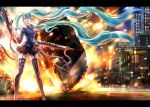  aqua_eyes aqua_hair dual_wielding explosion garter_straps gun hatsune_miku highres letterboxed long_hair looking_at_viewer necco skirt smile solo thigh-highs thighhighs twintails vertical-striped_legwear vertical_stripes very_long_hair vocaloid weapon zettai_ryouiki 